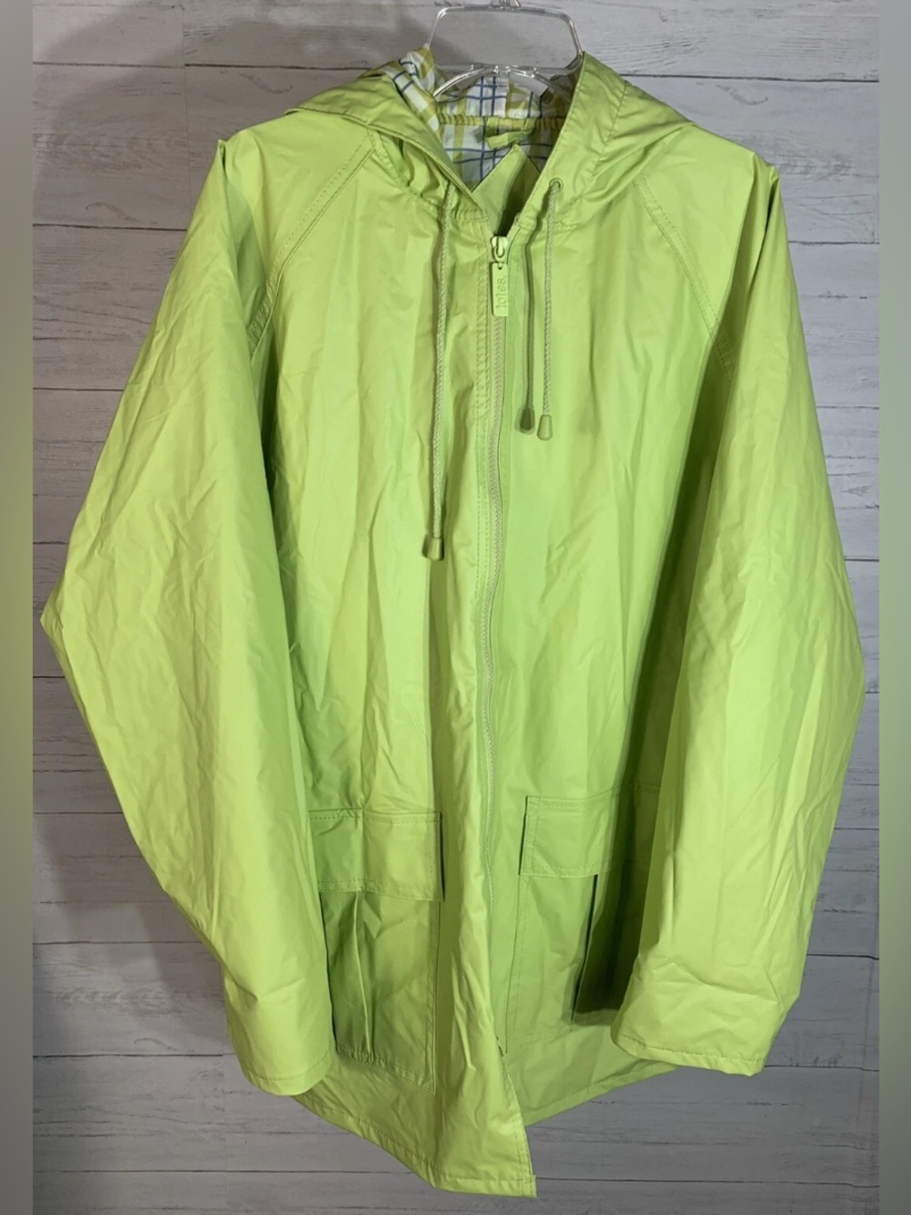 Totes raincoat hooded plaid lined green jacket size L